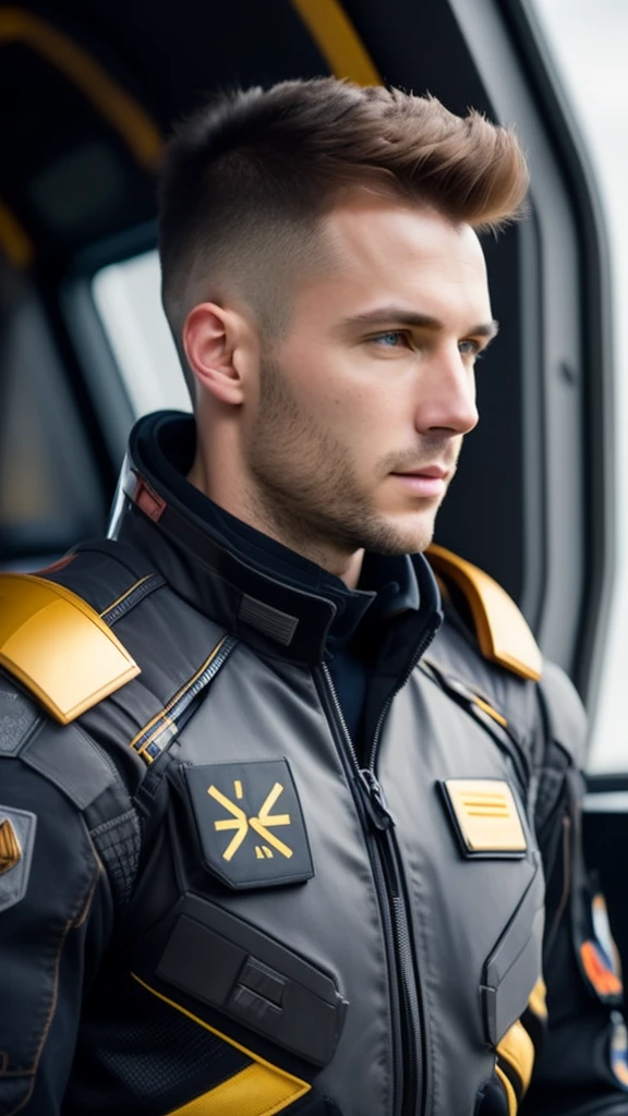 fking_scifi, award-winning photo of a man, black flight suit with yellow accents, brown hair, (gray eyes:1.35), square jawline, asymmetric face, standing in front of a window on a space ship, 80mm, bokeh, mass effect, close up, fking_cinema_v2