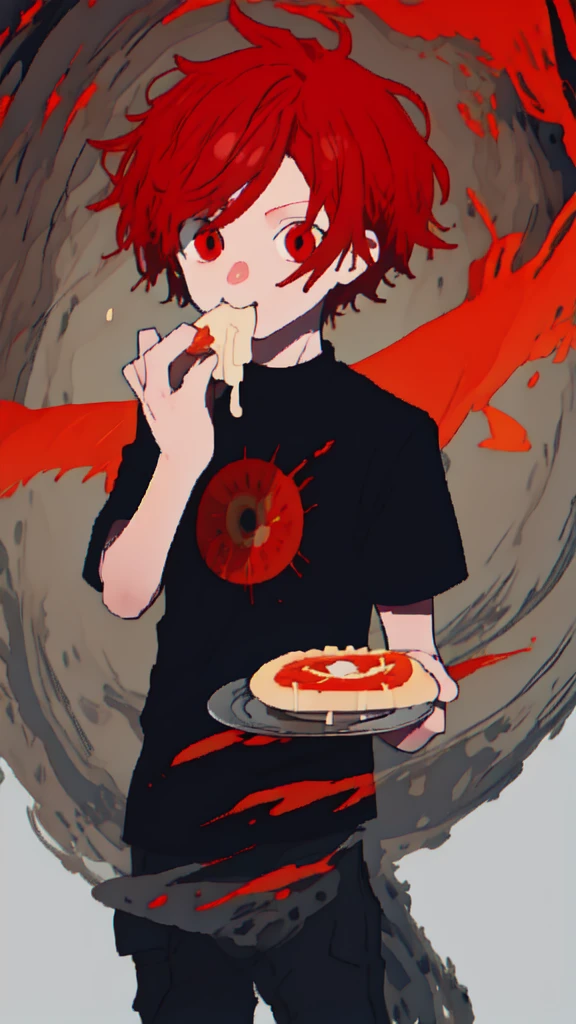 Short, red hair, red eyes, non-binary, black shirt, eating pie
