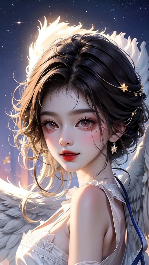high detail, super detail, super high resolution, young 23 year old asian woman with raven brown hair and hazel brown eyes on a hill watching a comet shower in the middle of the night with a small smile, wearing a black nightgown with a V cut in front, slightly exposing her chest and reaching her thighs, with its large white wings behind its back and with a star-shaped mole on its neck.