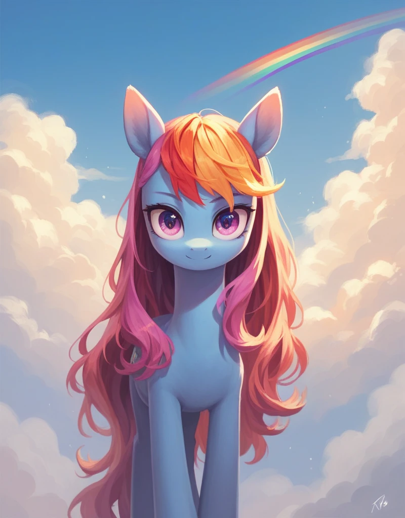  
lindoEstilo,revuelto, 1 girl pony, solo, violet eyes, rainbow color long hair, clouds, long hair, arco,
,<lora:lindo_Estilo_poni:0.8 
The blue pony is standing extending her arms forward, she is on her side in an epic pose, blue skin, blue wings, stained glass figure