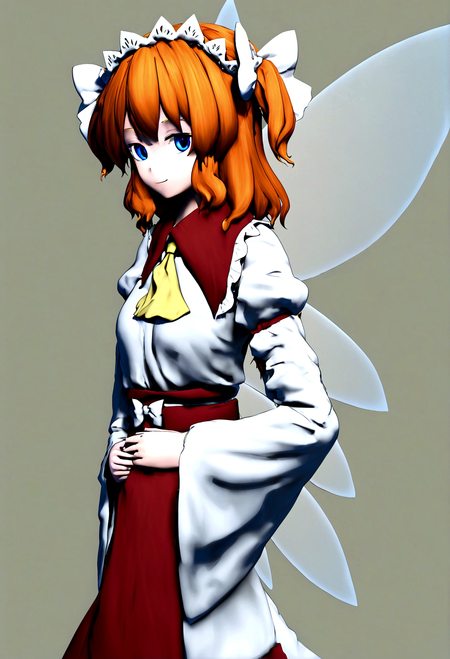 1girl, sunny milk (touhou), blue eyes, orange hair, two side up, fairy wings, yellow ascot, white headdress, hair ornament, sash, white bow, long sleeves, white dress, red skirt,