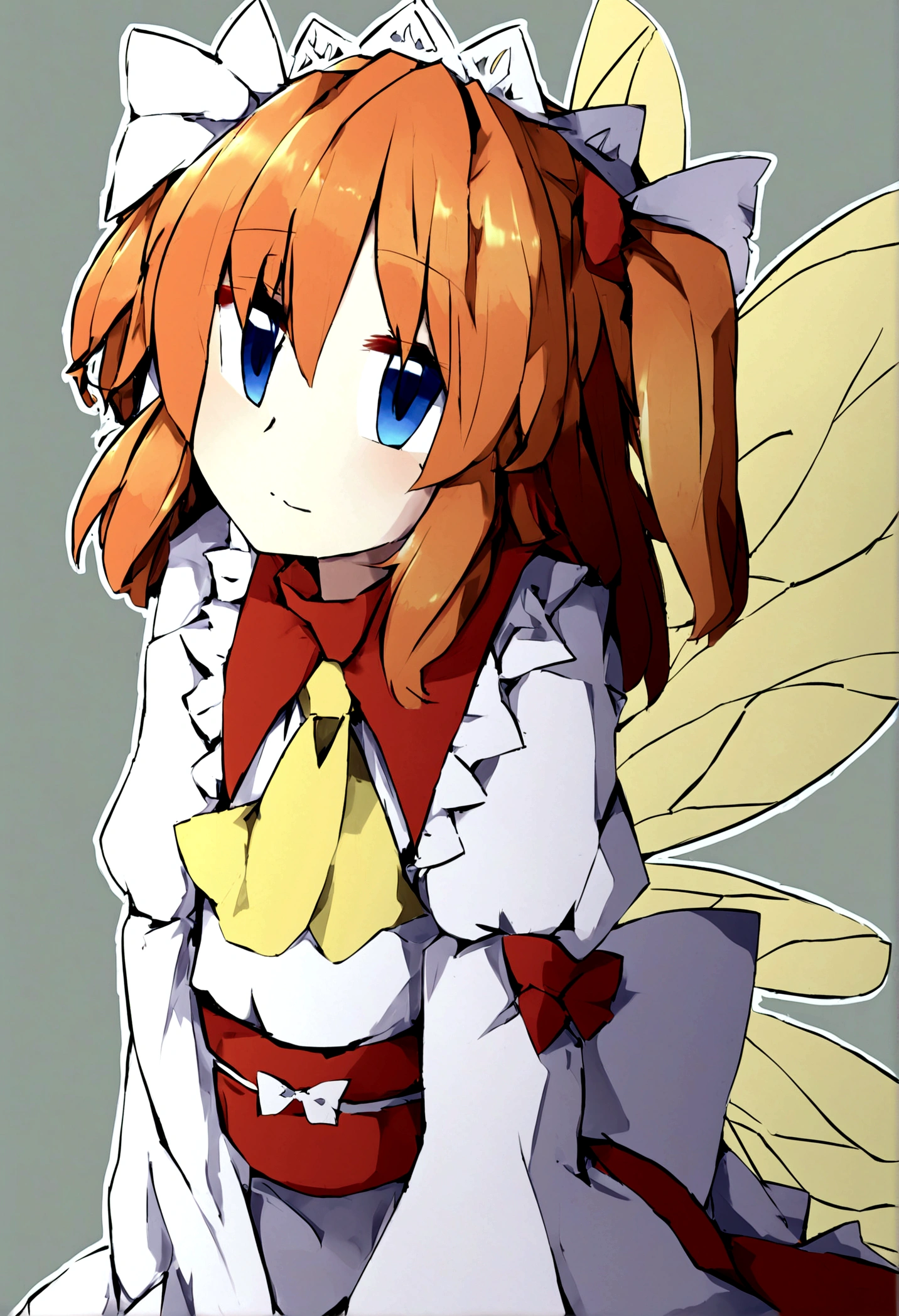 1girl, sunny milk (touhou), blue eyes, orange hair, two side up, fairy wings, yellow ascot, white headdress, hair ornament, sash, white bow, long sleeves, white dress, red skirt,