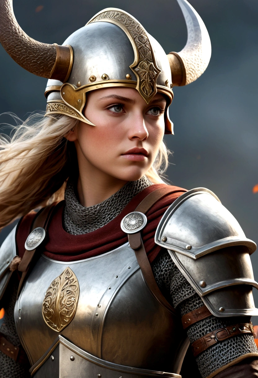 realistic, 1 girl, valkyrie, knight, helmet, medieval, warrior,look at viewer,Achieve the best quality and extreme detail in the composition. Incorporate a complex composition with Viking elements, such as a Viking helmet, shield, and axe. Use a color palette inspired by Viking aesthetics, featuring earthy tones like browns, greys, and deep reds. 