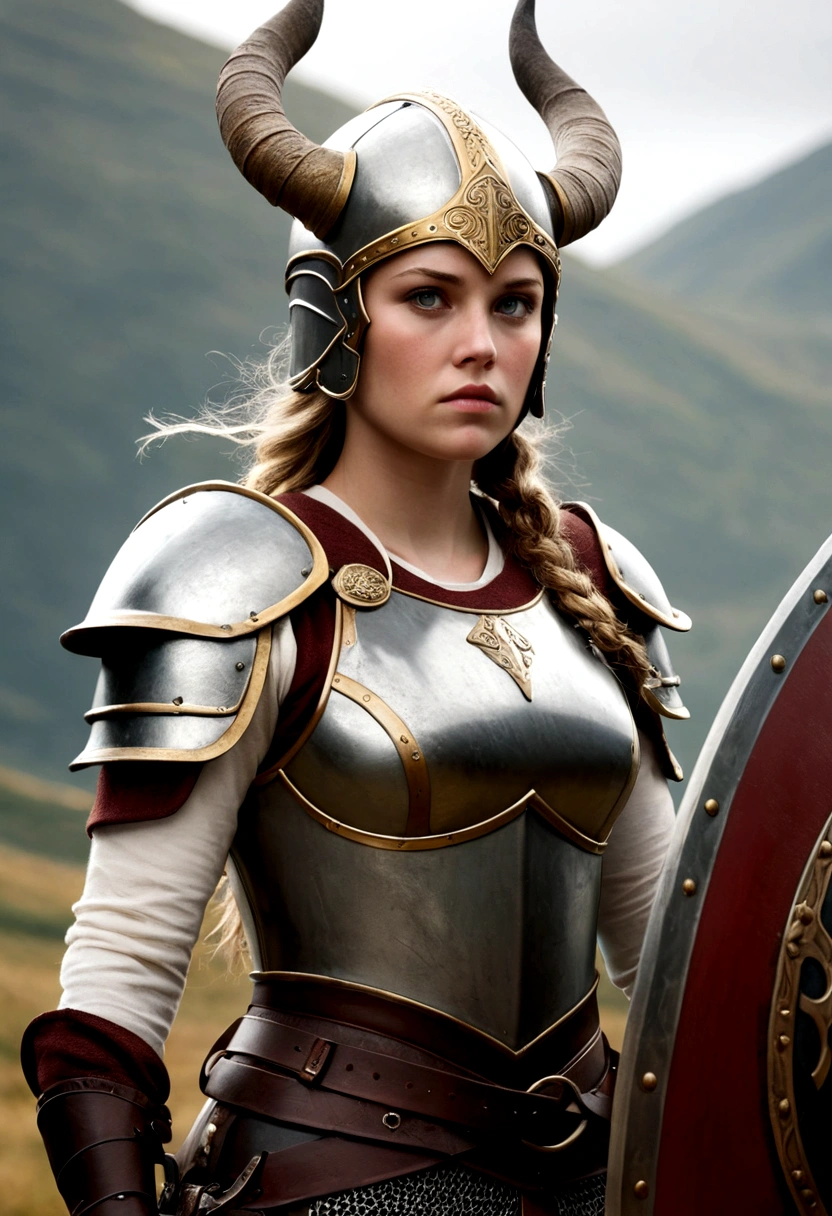 realistic, 1 girl, valkyrie, knight, helmet, medieval, warrior,look at viewer,Achieve the best quality and extreme detail in the composition. Incorporate a complex composition with Viking elements, such as a Viking helmet, shield, and axe. Use a color palette inspired by Viking aesthetics, featuring earthy tones like browns, greys, and deep reds. 