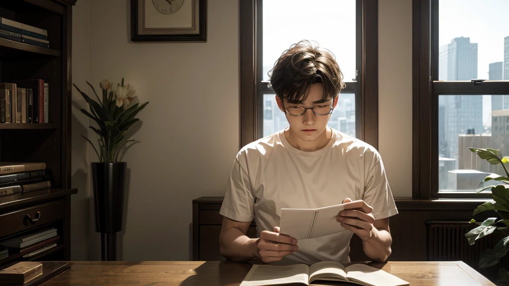Man reading a letter、20-year-old、One Man、Alone in the room、4K、((Masterpiece))、(Delicate)