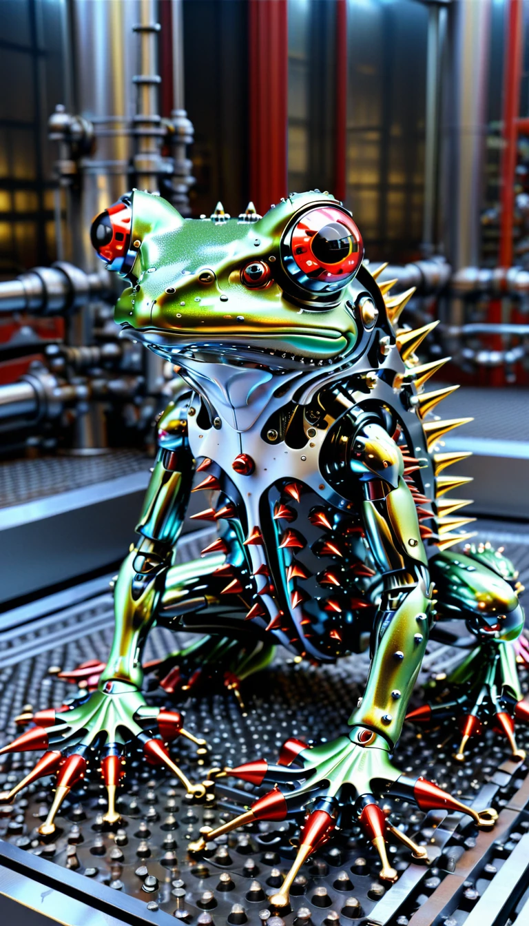 There is no one, Reality Photos, Reality Photos, Realistic photo of a frog-like creature, spikes, multicolored sparkling, strange and, Surreal and, the other world, A robotic factory with a shiny assembly plant, intricate details, very sharp, Sophisticated details, Flawless composition, vivid colors, masterpiece, futuristic, metal decoration, The shiny red interior is empty., polished, ray tracing