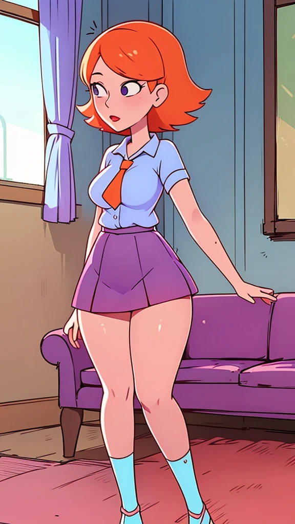  a  girl sexy attractive beautiful cool popular short orange hair disheveled cut light red lip wears long light blue button shirt sensual curves and a short purple miniskirt pair short blue socks legs white heel she walking living room class