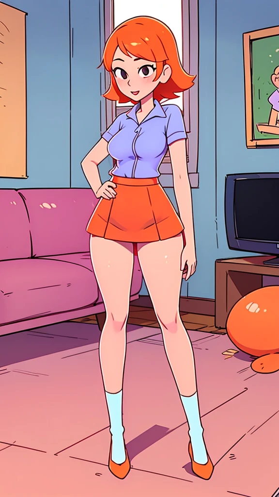  a teenage girl sexy attractive beautiful cool popular short orange hair disheveled cut light red lip wears long light blue button shirt sensual curves and a short purple miniskirt pair short blue socks legs white heel she walking living room class