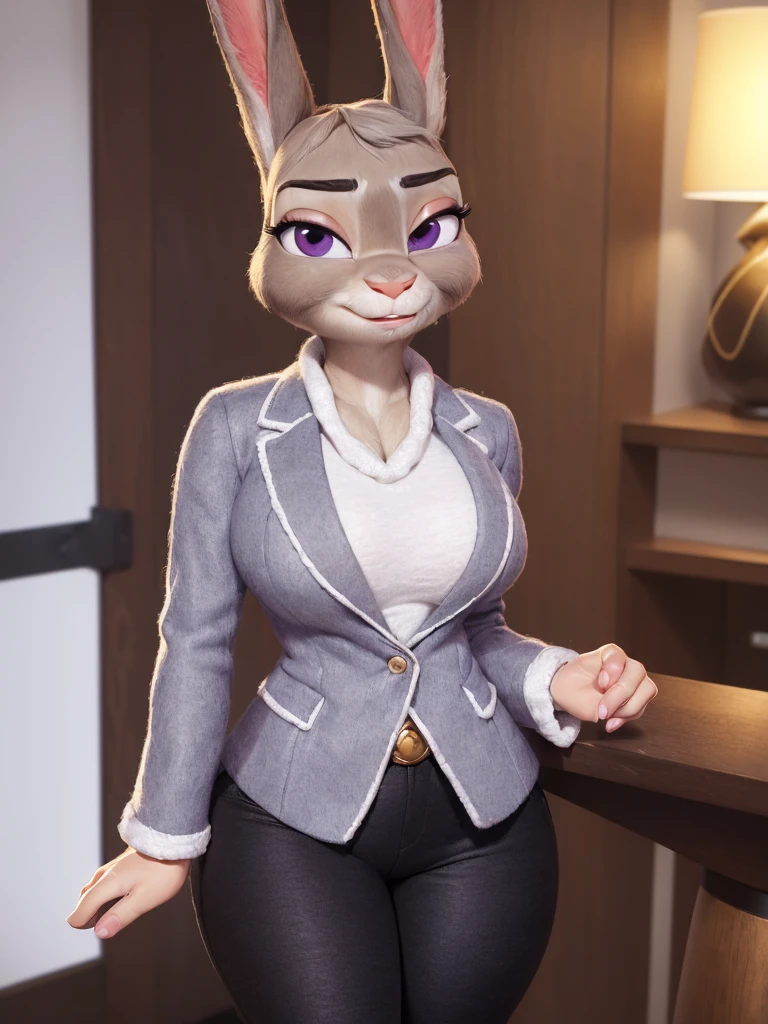 best quality,
masterpiece,
super detail,
3D,
Portrait,
fun atmosphere,
(((solo))),
(((1Lady))),
furry,
fine coat,

bloom office, 

(Face is JudyHopps:1.4),
(straight hair:1.3),
(see-through bangs:1.3),
wispy bangs,
purple eyes,
(raised eyebrows:1.1),
(rabbit ears:1.1),

Body is NamiFinal, 
(body is made of wool fabric:1.3),
(body is gray with fluffy and fluffy:1.3),
(skin is wool fabric with fluffy and fluffy:1.3),

office lady,
office suit,
((White blouse)),
((Black blazer jacket)),
((Black pants suit)),
clothes made of cotton,

