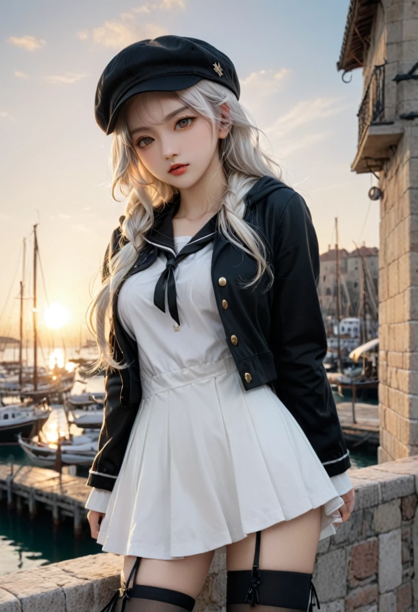 Medium shot, medium shot, depth of field, bust, upper body, cinematic angle, masterpiece, best quality, super detailed, CG, 8K wallpaper, pretty face, delicate eyes, a maiden, solo, white long hair, yellow eyes, hairpin, white shirt, black hooded jacket, black baseball cap, black stockings, black over-the-knee boots, sunset, medieval port, harbor, detailed water surface, sun reflection