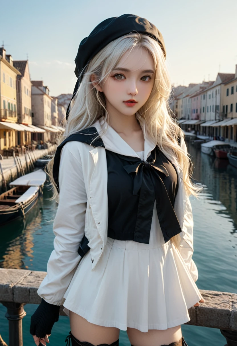 Medium shot, medium shot, depth of field, bust, upper body, cinematic angle, masterpiece, best quality, super detailed, CG, 8K wallpaper, pretty face, delicate eyes, a maiden, solo, white long hair, yellow eyes, hairpin, white shirt, black hooded jacket, black baseball cap, black stockings, black over-the-knee boots, sunset, medieval port, harbor, detailed water surface, sun reflection