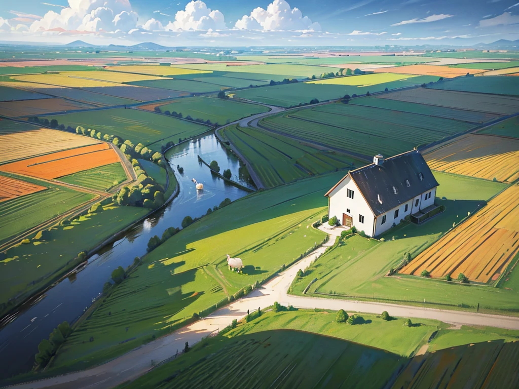 "Illustration of a farm scene with a windmill on the left, barn on right, hills in the middle, cloud, the sun smiled, and rainbows in the sky. In front of, there are sheep in the pen, cow, chicken with three chicks, and the chicken near the egg. Vegetables (carrot, good), Barrow, seed bag/fertilizer, sunflower, the Apple tree, and irrigation canals are also visible. This rural atmosphere is educational and fun."