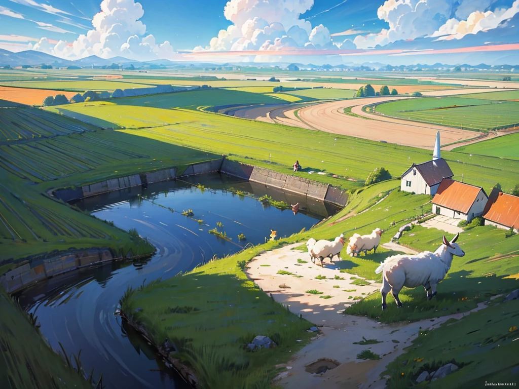 "Illustration of a farm scene with a windmill on the left, barn on right, hills in the middle, cloud, the sun smiled, and rainbows in the sky. In front of, there are sheep in the pen, cow, chicken with three chicks, and the chicken near the egg. Vegetables (carrot, good), Barrow, seed bag/fertilizer, sunflower, the Apple tree, and irrigation canals are also visible. This rural atmosphere is educational and fun."