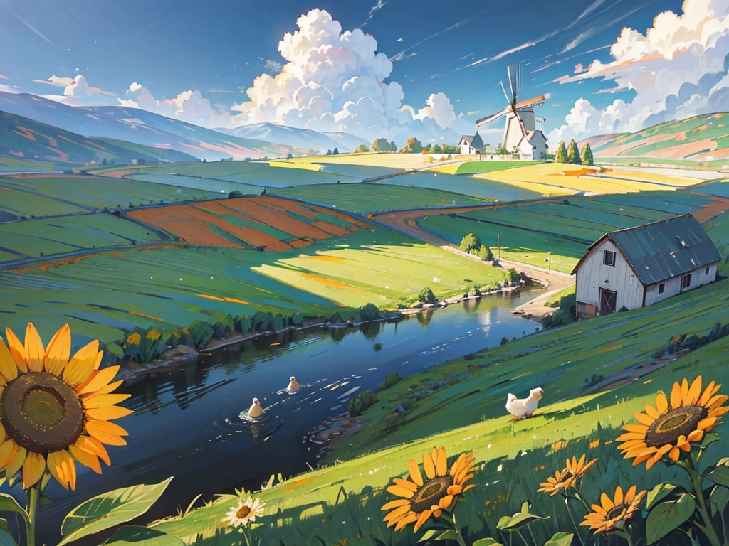 "Illustration of a farm scene with a windmill on the left, barn on right, hills in the middle, cloud, the sun smiled, and rainbows in the sky. In front of, there are sheep in the pen, cow, chicken with three chicks, and the chicken near the egg. Vegetables (carrot, good), Barrow, seed bag/fertilizer, sunflower, the Apple tree, and irrigation canals are also visible. This rural atmosphere is educational and fun."