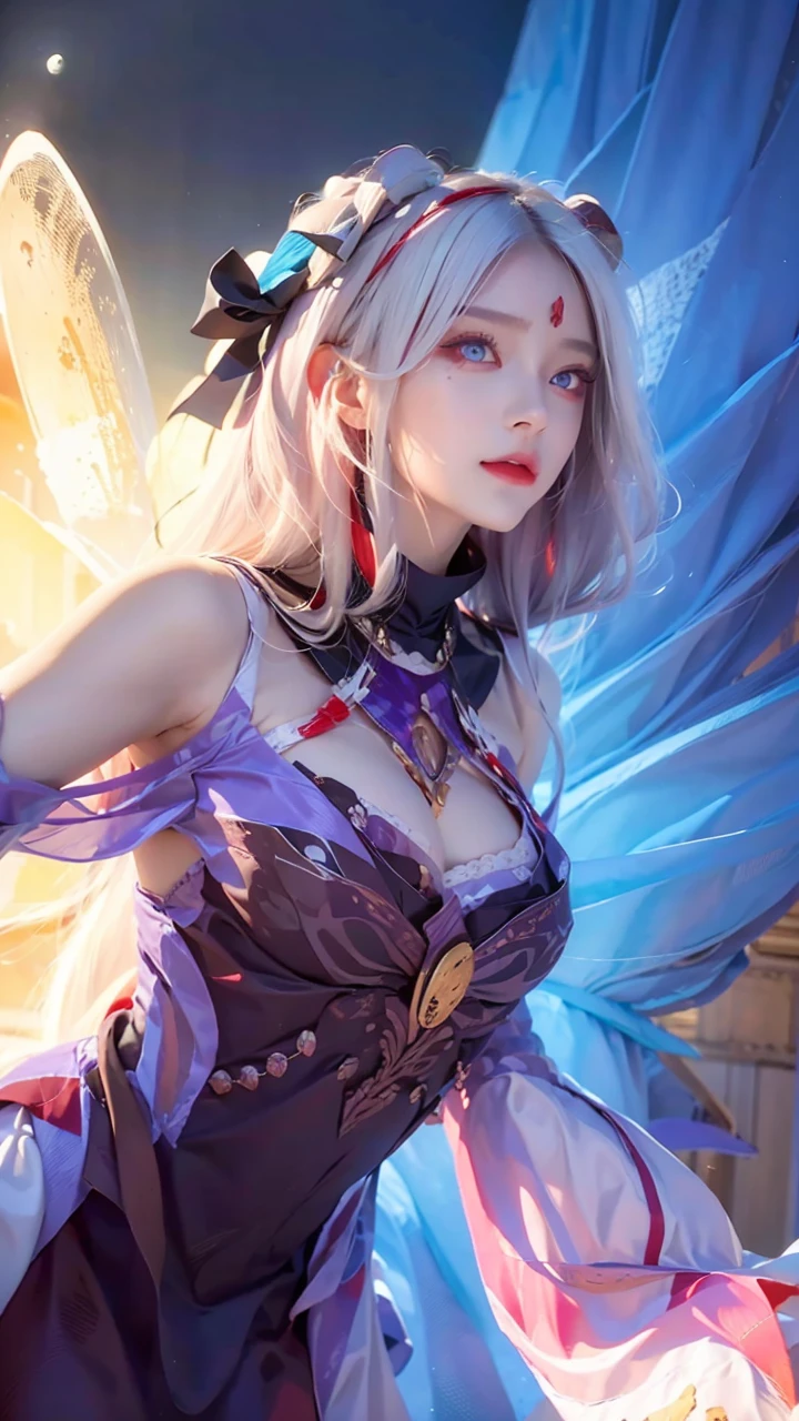 moon, red moon, full moon, red sky, horns, long hair, solo, sky, cloud, very long hair, facial mark, white hair, 1girl, red eyes, wide sleeves, night, black nails, purple sky, looking at viewer