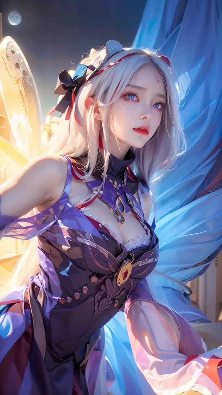 moon, red moon, full moon, red sky, horns, long hair, solo, sky, cloud, very long hair, facial mark, white hair, 1girl, red eyes, wide sleeves, night, black nails, purple sky, looking at viewer