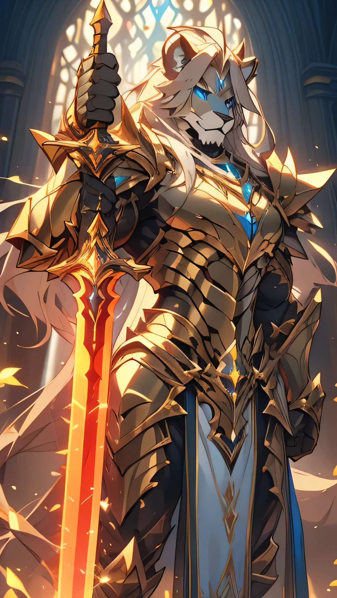 a golden lion, hyper-realistic, highly detailed, muscular and slim, beautiful blue eyes, long elegant golden hair, wearing an elegant armor that shows off the muscles, elegant loincloth, holding a legendary golden sword in left hand, holding a legendary red and gold shield with a magic stone in the center in right hand, entire golden lion body emanating a golden aura, posing in front of a castle in the distance with a lovely forest in the background, dramatic lighting, 8k, photorealistic, cinematic, epic scale, award-winning digital art