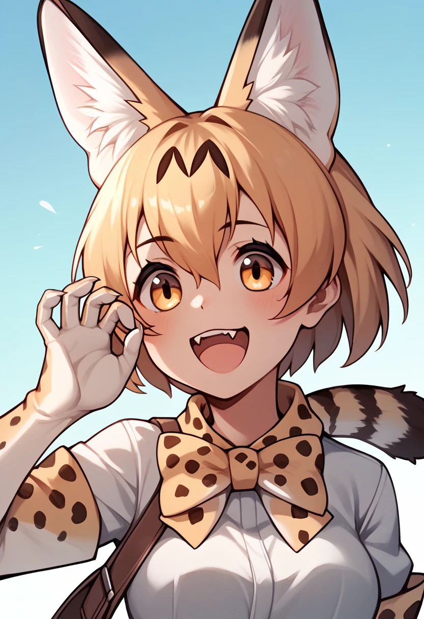 Score_9, Score_8_up, Score_7_up, Score_6_up, Score_5_up, Score_4_up, source_anime, 1girl, servalkemono, serval ears, anime style, happy