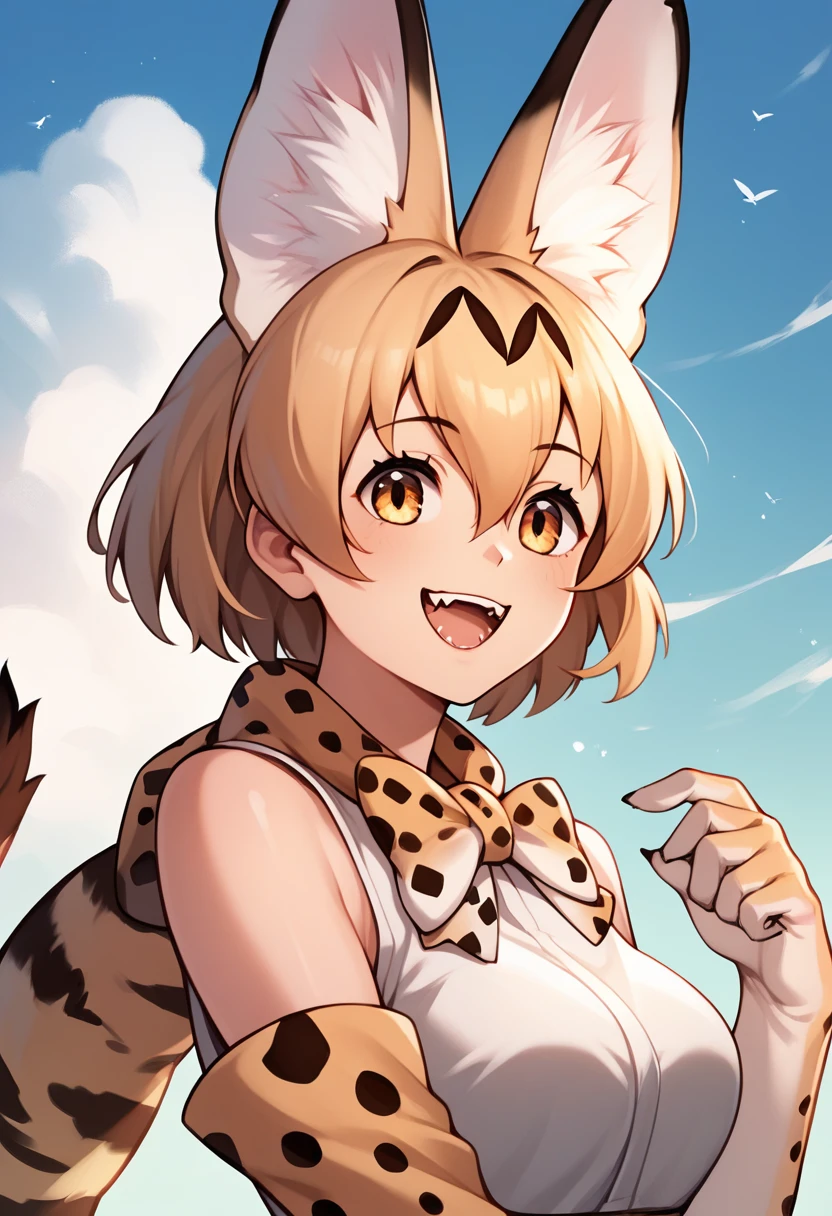 Score_9, Score_8_up, Score_7_up, Score_6_up, Score_5_up, Score_4_up, source_anime, 1girl, servalkemono, serval ears, anime style, happy