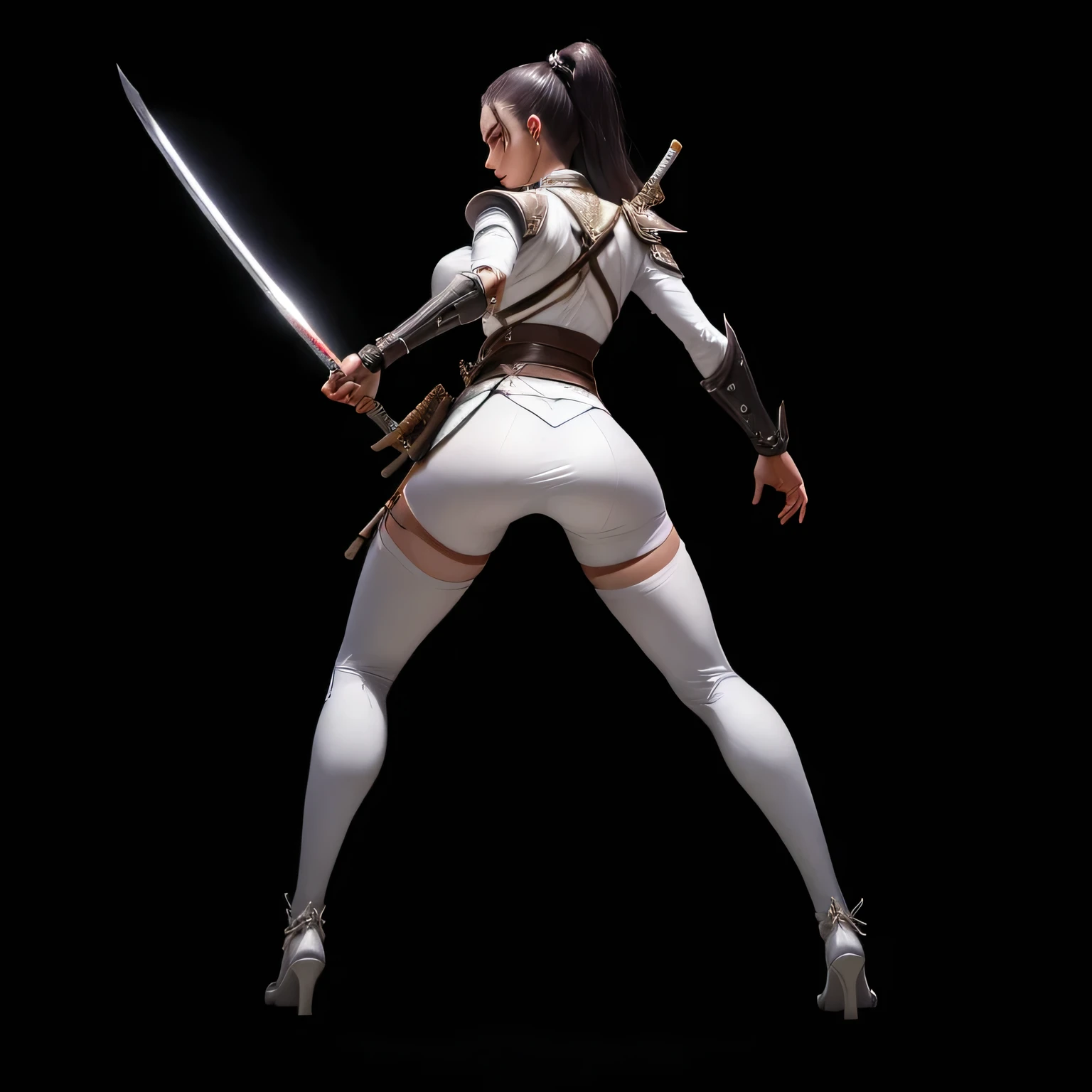 One was dressed in white、Close-up of woman holding sword, Katana Zero Video Game Character, Dramatic Katana Swinging Pose, Dramatic sword-wielding pose, White fashion photos, Sadistic Assassin, Badass Pose, Drawing her katana, Female Assassin, Fencing athlete, With a samurai sword strapped to his back, snake-head Female Assassin, sleek white armor