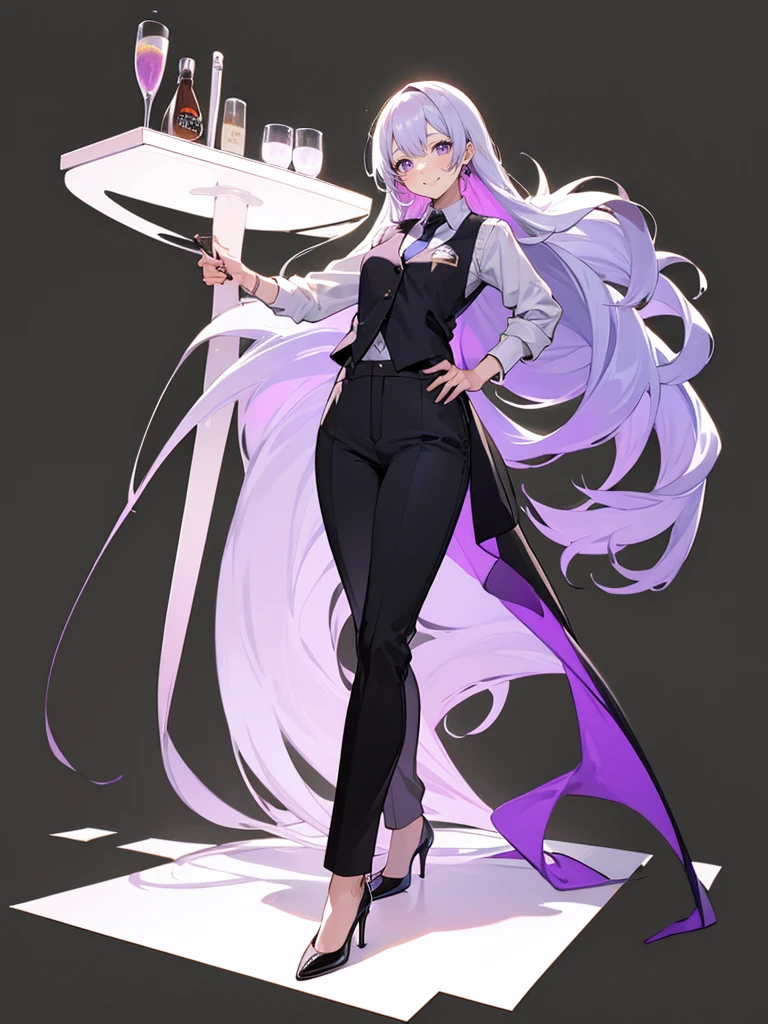 purple,(((long hair))),woman,bartender,vest,shirt,tie,pants,high heels,all,simple background,smile,whole body,full body,full body,Standing picture,vtuber,upright,,look forward to,body facing forward