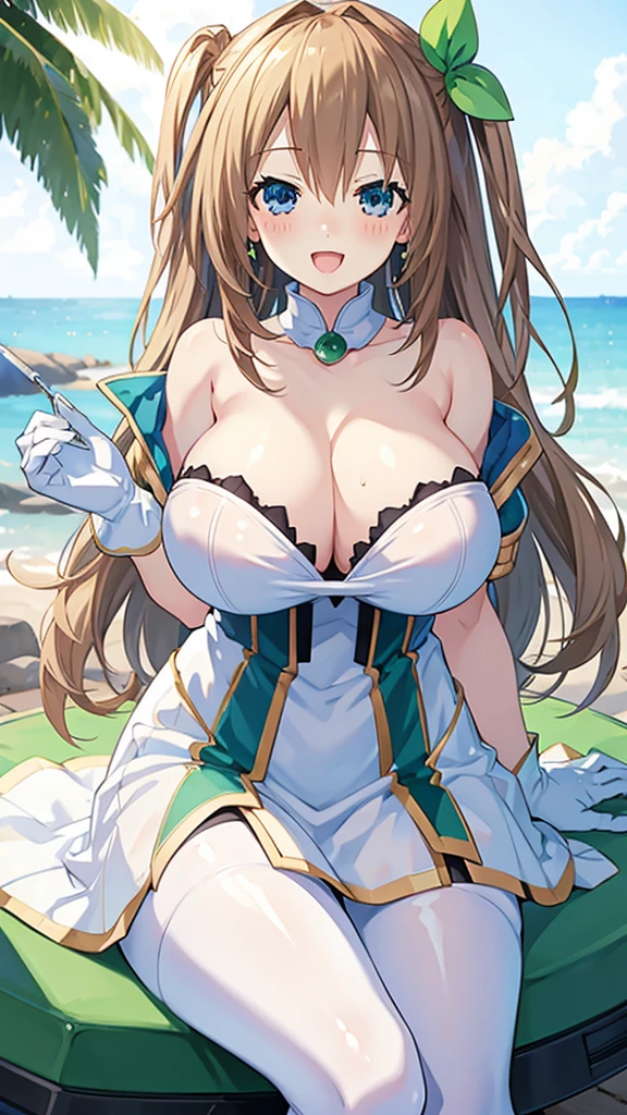 8k, RAW photo, best quality, masterpiece:1.2, 1girl,solo, curvy, blonde hair, blue eyes, blush, smile, :D,huge breasts, cleavage, breasts out, open clothes, nsfw, long hair, looking at viewer, white pantyhose, green and white dress, white gloves, vert_/neptune series/:1.2