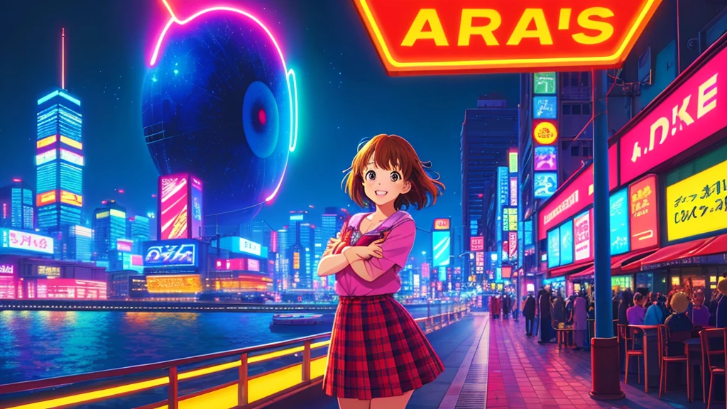 masterpiece, Highest quality, One girl, City Pop, Akira, , KyoAni, night, Neon Light, View your viewers, smile, Excited face, Vector illustration, 80's clothing, Long Hair, 80's, Synthwave, Abstract background, graphic, manga, 80's anime, Retro Posters、A woman who is likely to captivate a man、American casual