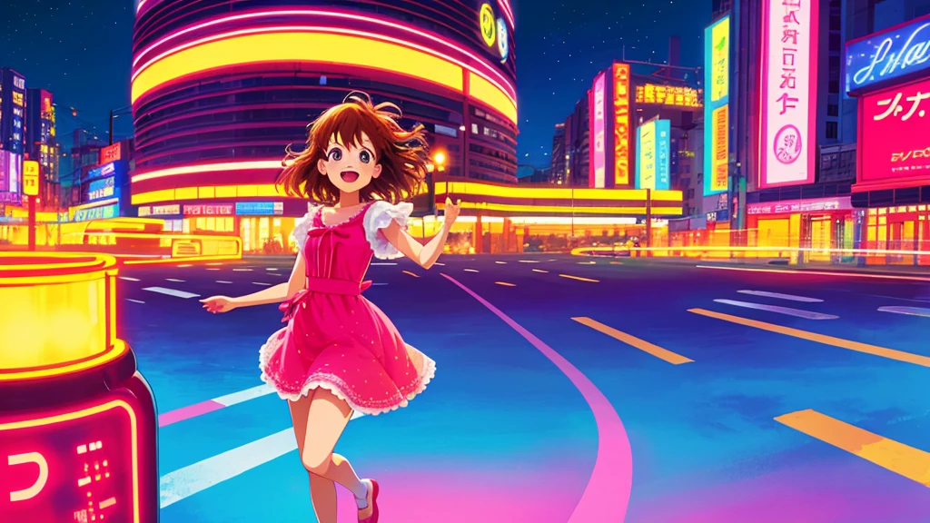 masterpiece, Highest quality, One girl, City Pop, Akira, , KyoAni, night, Neon Light, View your viewers, smile, Excited face, Vector illustration, 80's clothing, Long Hair, 80's, Synthwave, Abstract background, graphic, manga, 80's anime, Retro Posters、A woman who is likely to captivate a man、American casual