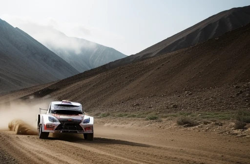 Rally driver perspective、cabine、Rearview mirror、curva hairpin、side-by-side、Dead heat、Sand smoke、Intense feeling of running、mountainous setting、dirt、slow shutter