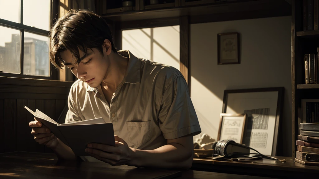 Man reading a letter、20-year-old、One Man、Alone in a dark room、painful、4K、（（Masterpiece））、（Delicate）