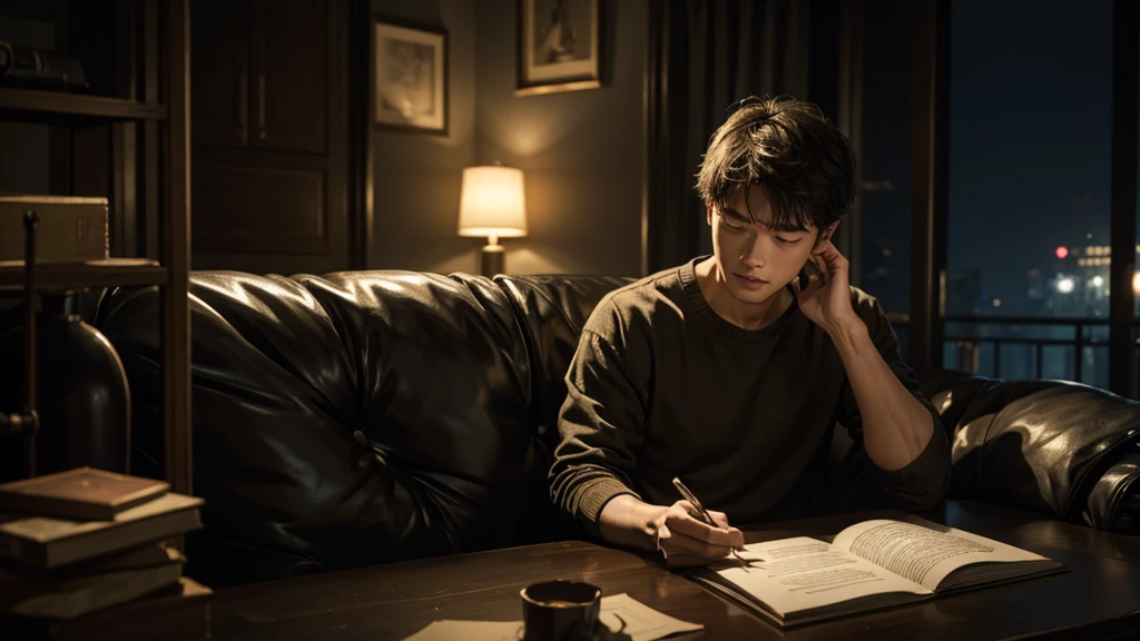 Man reading a letter、20-year-old、One Man、Alone in a dark room、painful、4K、（（Masterpiece））、（Delicate）