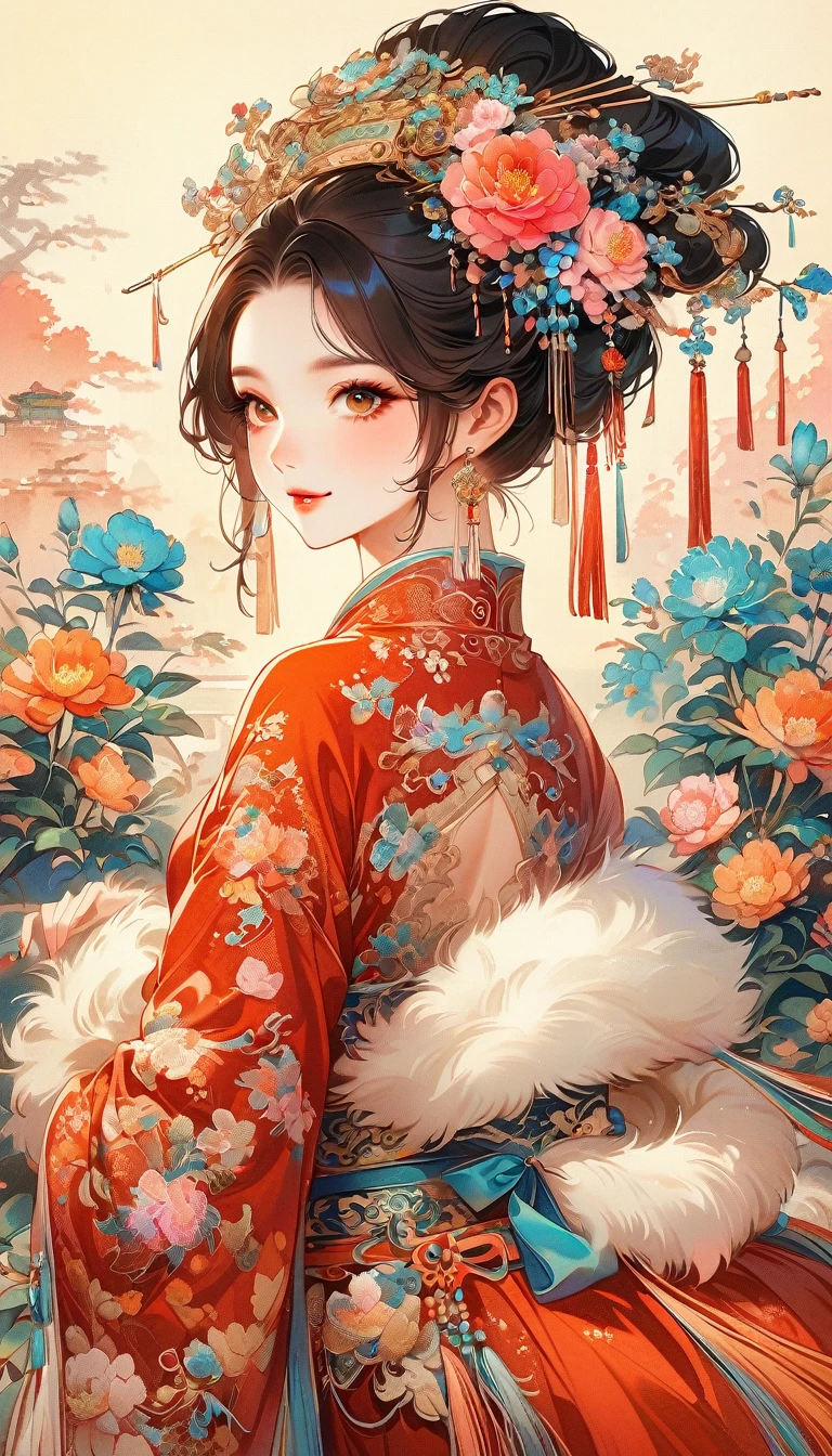 A beautiful young woman in traditional Chinese attire, sweet smile, from back, eyes look at other side, fashion pose, charming and attractive sexy pose, surrounded by a lush garden. gazing at it with gentle eyes. The woman's hair is styled in an elaborate updo adorned with flowers and traditional ornaments. Her dress is elegant, featuring fine silk with floral embroidery. The garden is in full bloom, with peonies and other flowers providing a backdrop. The scene captures the serenity and beauty of classical Chinese art, with a touch of nature harmony, (((Ultra-high saturation, high natural saturation, extremely bright colors)))