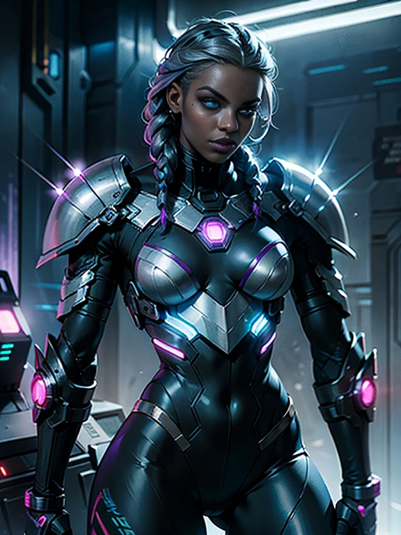 A striking black woman in a post-apocalyptic cyberpunk environment. She is next to a futuristic motorcycle, imposing and full of technological details. The woman has rich, deep skin, with ebony tones that glow under the scene's neon lighting. Her hair is a bold combination of dreadlocks and braids, decorated with metallic threads and small LEDs that blink softly, reflecting the colorful lights in the room. His face is sculpted with strong, elegant features, highlighting piercing eyes that glow with a cybernetic blue intensity. She wears metallic makeup, with silver shadows and lips painted an intense purple, adding a touch of mystery and power. His athletic body is encased in a futuristic combat suit made from synthetic and metallic materials. The look is a combination of black, silver and neon blue, with details that suggest high technology, such as embedded circuits and light panels. Plates of armor protect his shoulders, arms, and legs, while cables and wires connect to devices on his body, indicating a perfect fusion between human and machine. giving it a lively and dynamic appearance, Hyper Realistic, Cinematic.