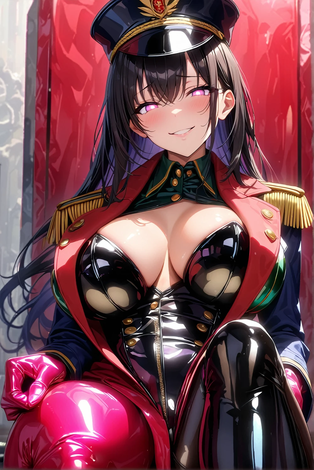 masterpiece, best quality, 1lady,black hair,long hair,glowing eyes, (finely detailed empty pupils and detailed face),,,,extremely detailed picture unity 8k wallpaper,solo,(latex military costume:0.9),large breasts,seductive smile,military hat,latex thighhigh,large breasts,black hair,pink eyes,black leotard,pantyhose,military coat,enamel suits,grossy lips,sitting,bust shot,sadistic smile,footjob