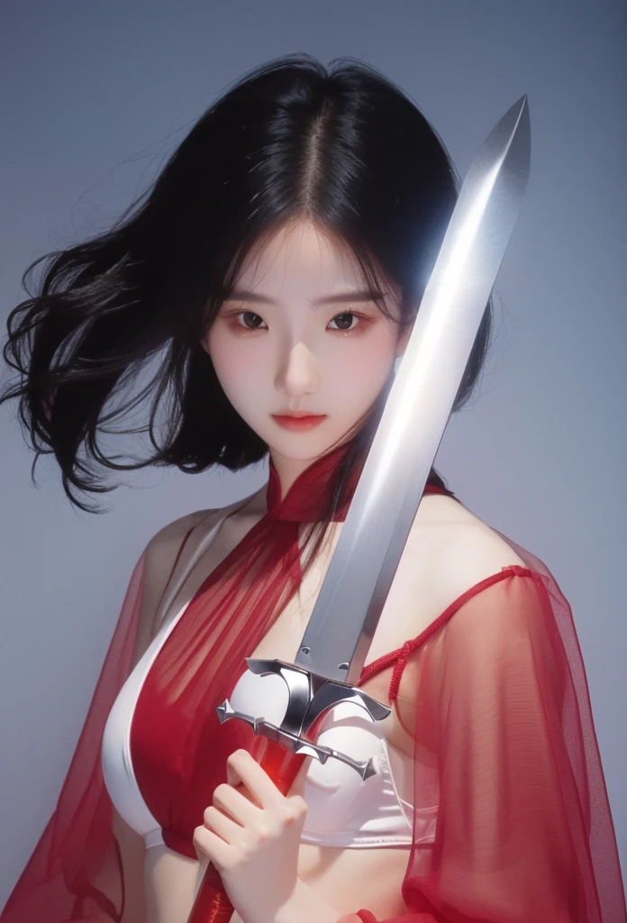 Girl with sword，Simple lines，Light underwear，（transparent），Minimalism，Holding a red long sword，