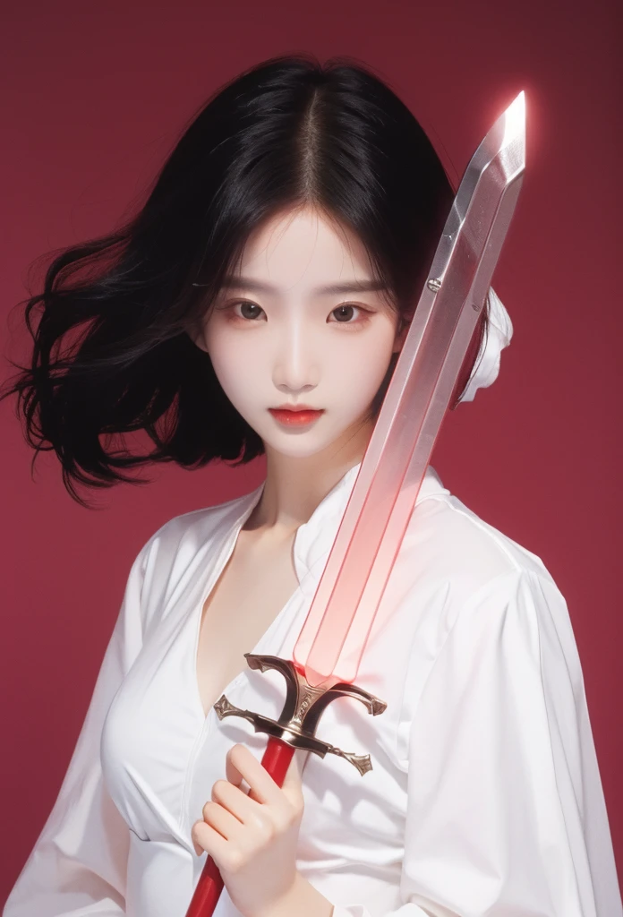 Girl with sword,Simple lines,Light underwear,(transparent),Minimalism,Holding a red long sword,