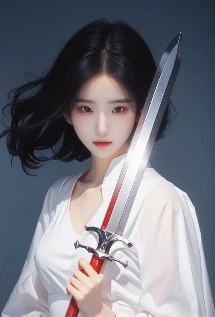 Girl with sword,Simple lines,Light underwear,(transparent),Minimalism,Holding a red long sword,