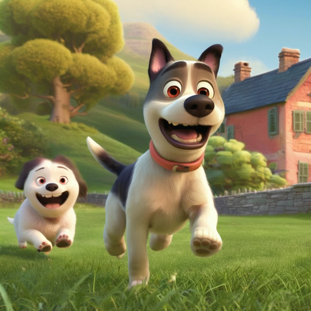 Pixar Style, Happy dog running through the grass, A quaint house in the background, flower