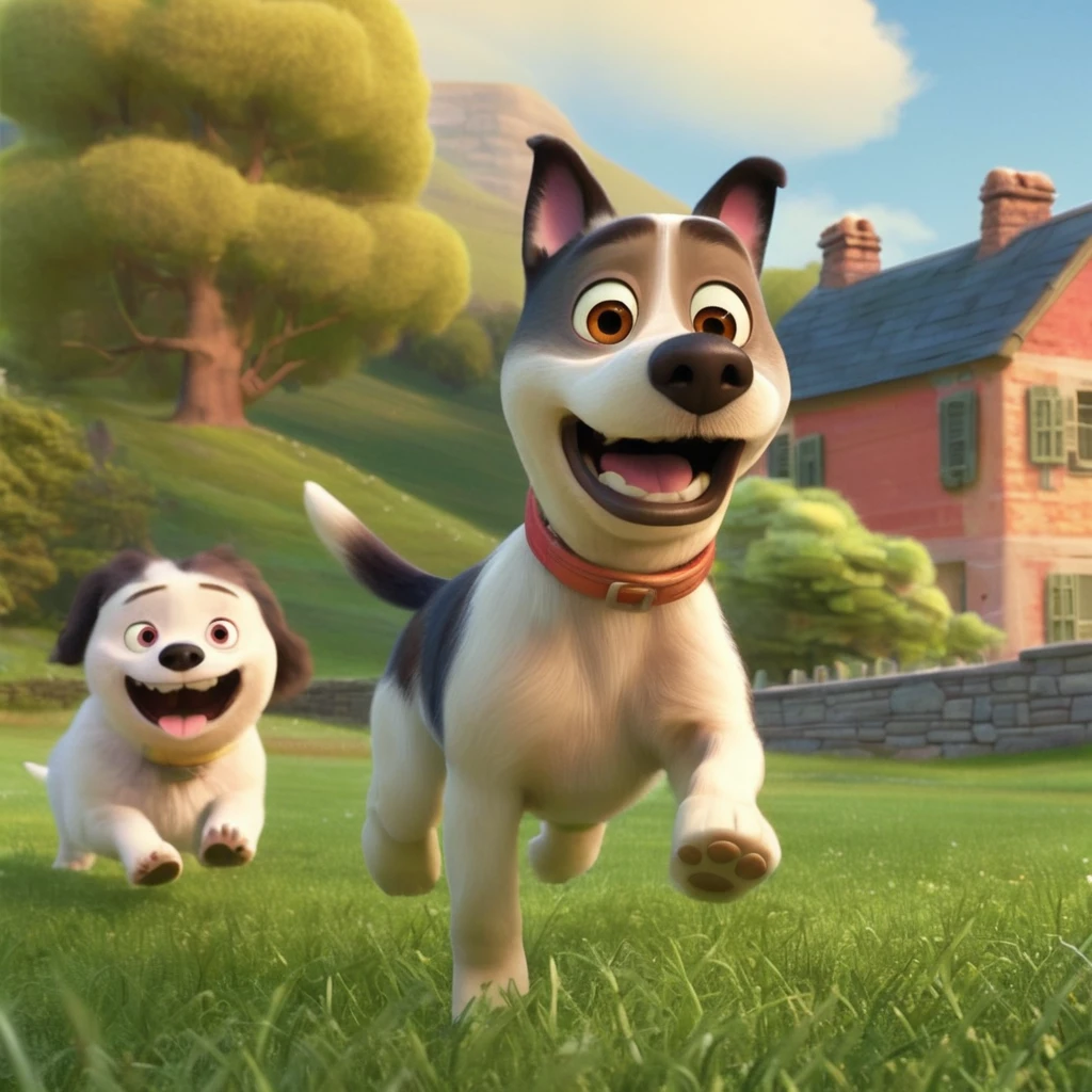 Pixar Style, Happy dog running through the grass, A quaint house in the background, flower