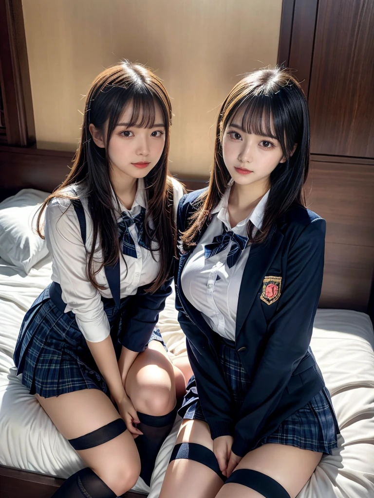 (8K, Raw photography, top-quality, ​masterpiece:1.2), master piece, best quality, illustration, Super detailed, fine details, High resolution, 8K,wall paper, perfect dynamic composition,(Details High quality, realistic depiction of eyes:1.3), ((2 girls, 2 schoolgirls)), The background is a luxury hotel room、High school girl uniform、blazer 、Super Short Check Uniform Skirt、Navy blue high socks、garterbelts、Colossal tits、Disturbed uniform, Play with each other,Touching each other's bodies,Touching the body of the girl next door, short bob hair, black hair color, huge breasts, Big Natural Color Lip, bold sexy pose, (perfect body shape), crying a little、Beautiful makeup,glitter makeup,Cutest 18 years old, beautiful legs, hposing Gravure Idol, Voluptuous thighs