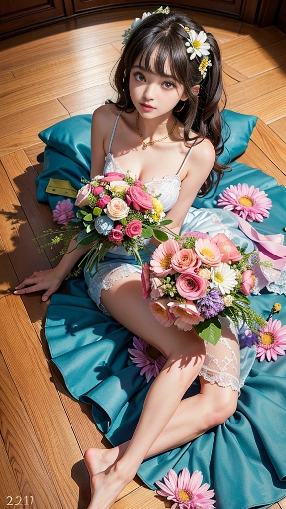 (Ultra-detailed background,detailedbackground),absurderes,A high resolution,ultra - detailed,extremely detaile,1girll,(flower bouquet:1.3),Lie down,(zentangle:1.2),(geomerty:1.2),(a color),