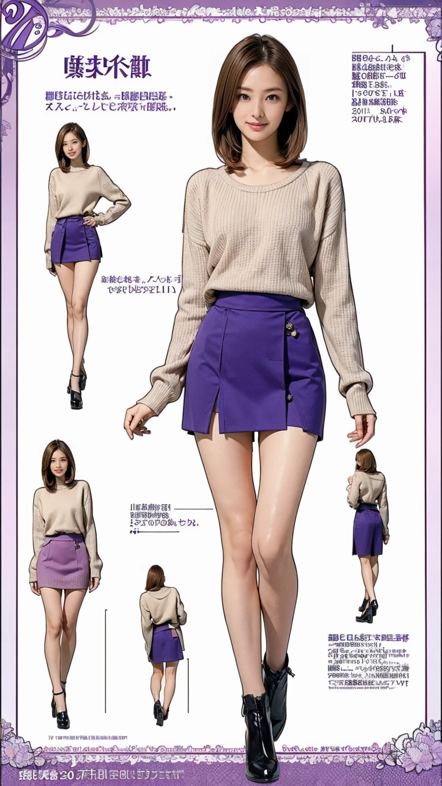 ((masterpiece)),(((Highest quality))),((Character design sheet))Thin thighs,Long legs，Very cute 20 year old Japan woman，Fine hair that is somewhere between brown and blonde，Short hair with messy side waves，Slim and slender figure，Medium bust size，A very kind smile，Wearing purple lace panties，Wearing a purple knitted sweater