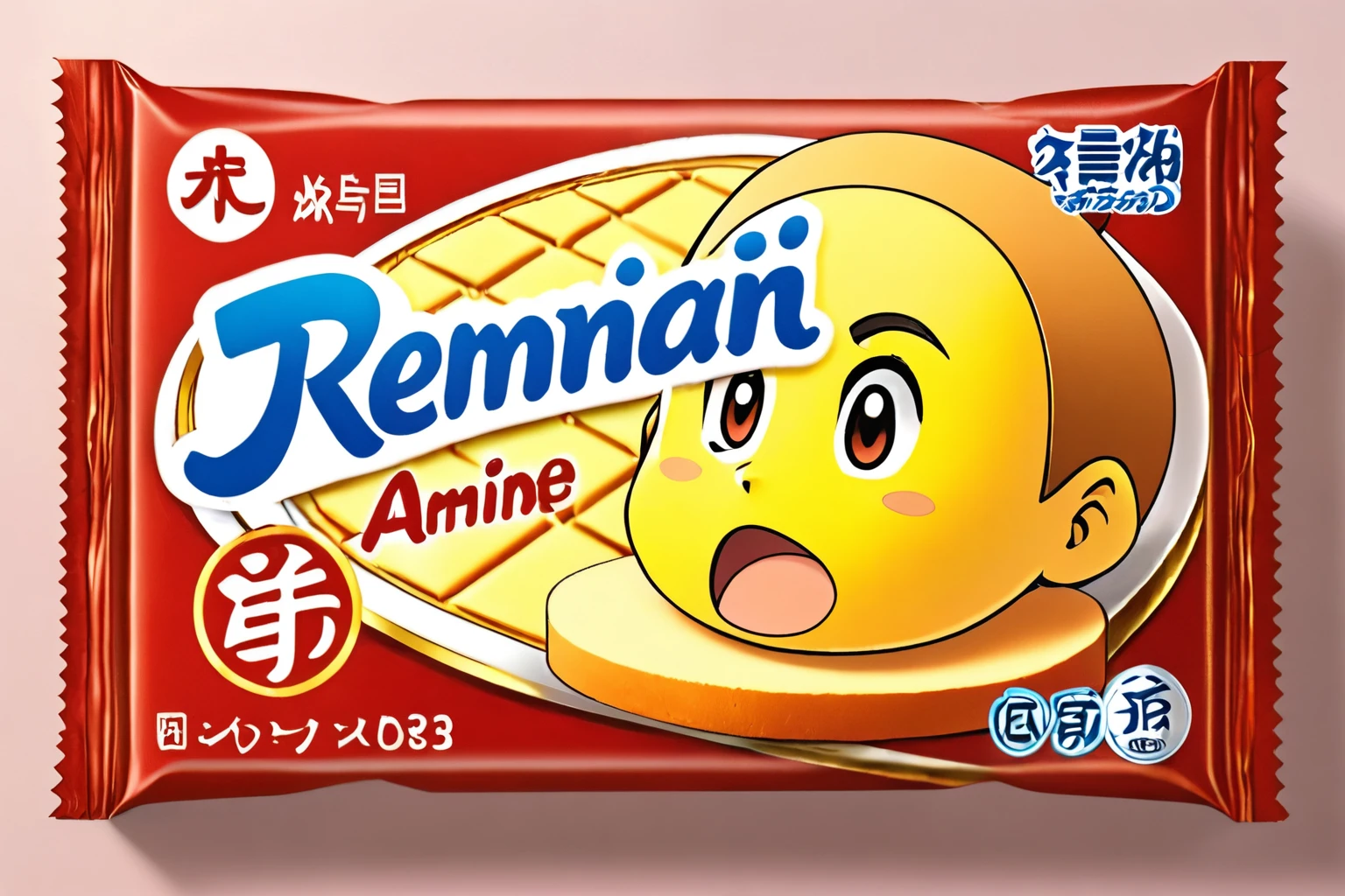 a photo realistic wafer of the actual package of a roll of
ビックリマンチョコ
, Japanese anime character Packages Style