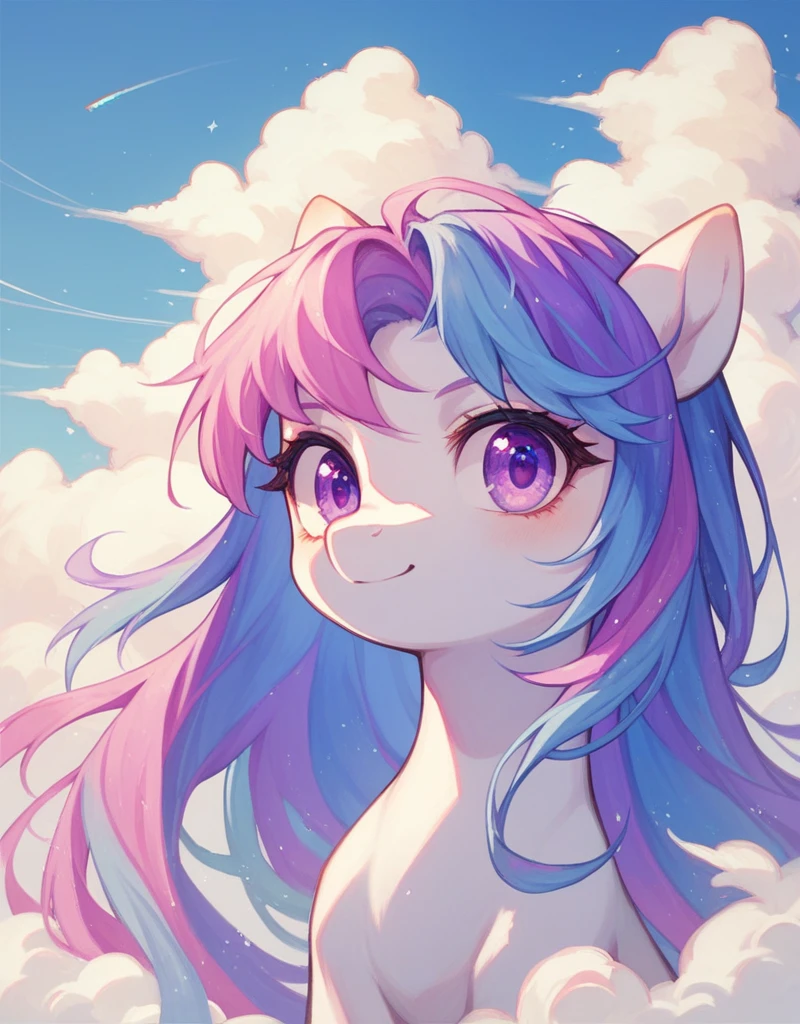 lindoEstilo,revuelto, 1 girl pony, solo, violet eyes, rainbow color long hair, clouds, long hair, arco,
,<lora:lindo_Estilo_poni:0.8
The blue pony is standing extending her arms forward, she is on her side in an epic pose, blue skin, blue wings, stained glass figure