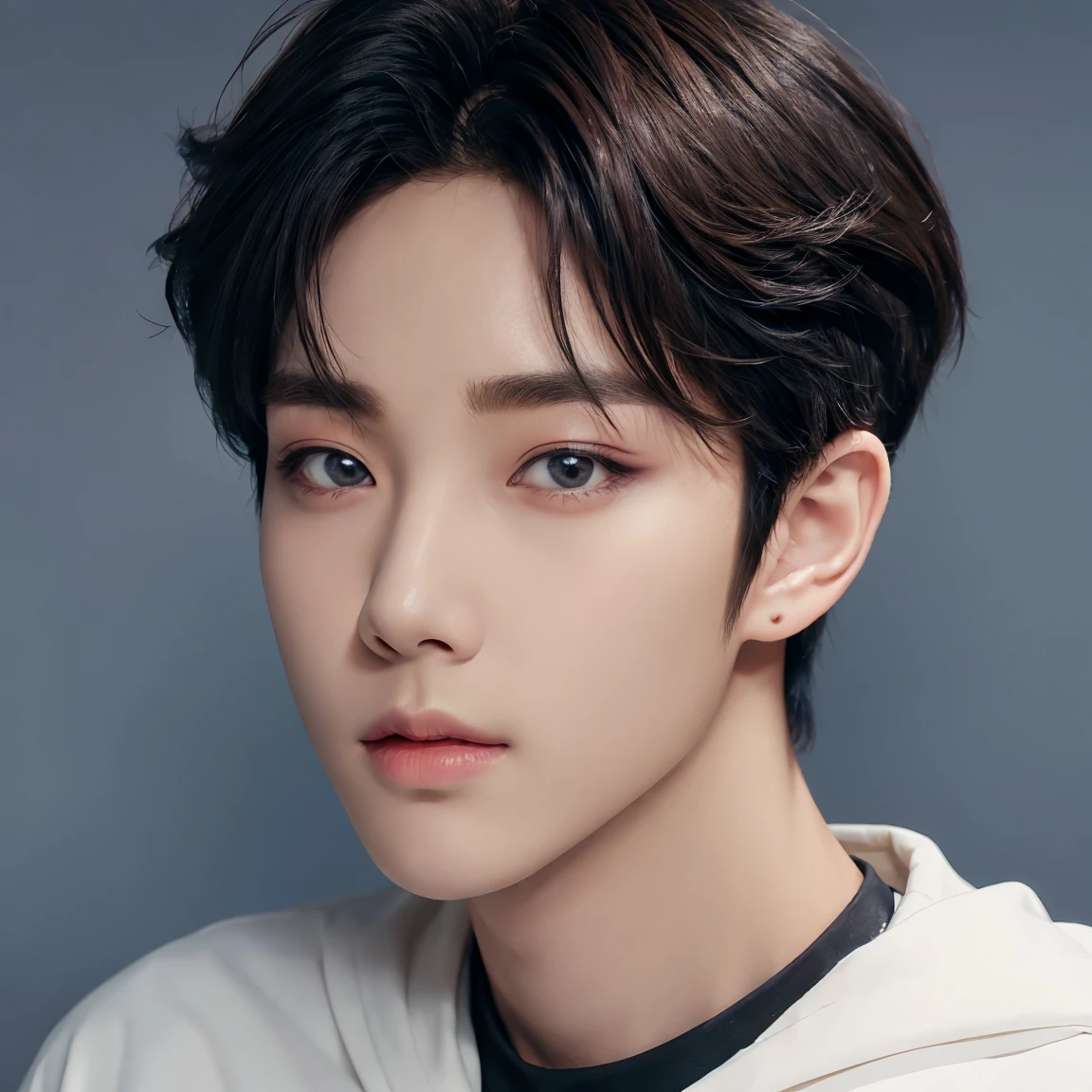 professional shoulder up photograph, handsome young man, model, crew cut, detailed face, detailed eyes, plain background, kpop
