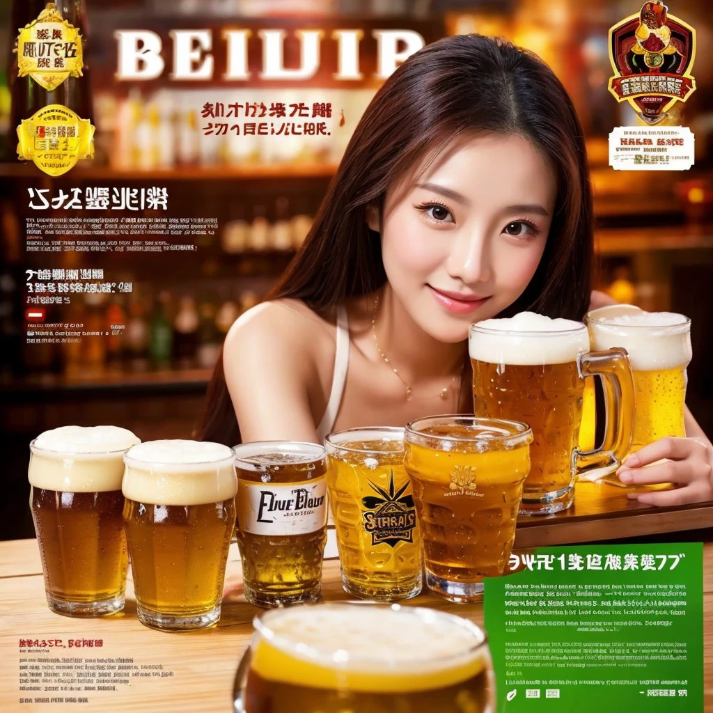 Beer promotion flyer, beauty asian, holding 2 glasses of beer