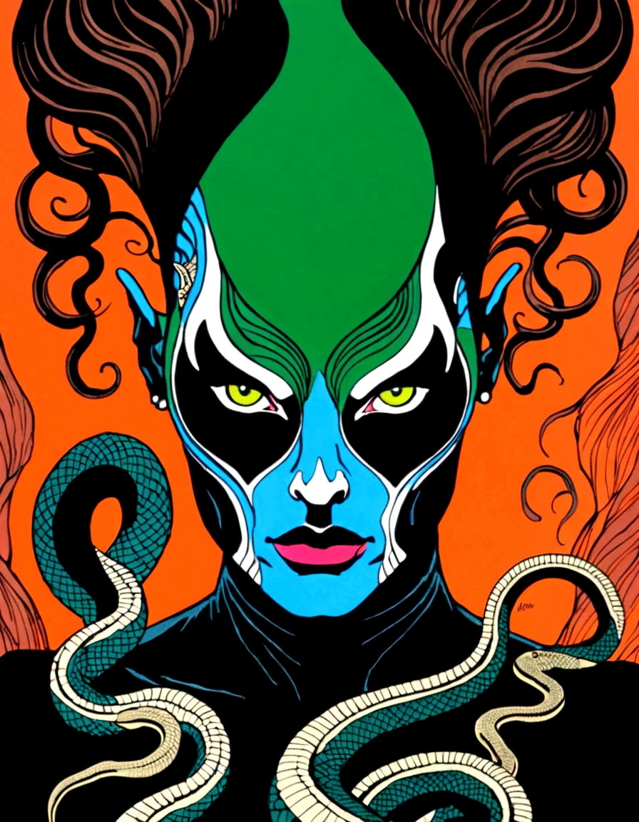 Medusa, splash page decompressed comic cover art, ink style figure,((expressive Joelle Jones and "Sean Gordon Murphy" comic drawing)), wordless, cinematic poster, double exposure, optical illusion, image within image, abyss void black no visibility darkness, full length portrait, (background, pine barrens, entropy, rewilding, magic hour sunset, galaxy stars, cosmos), (horror, abstract, surreal, body, cosmic), candid, snake skin dress, morphology anatomy drawn Frederic Delavier musculature anatomical illustration, (face, ornate black metal corpse paint, resembles Grace Jones), (body, Naga, snakefolk, lower body snake tail, snake woman hybrid, bald, hairless, skeleton, snake skin tattoos, piercing eyes, snake pupils, over the shoulder), (colors, bleak muted deep fiery radiant glowing ROYGBIV, forest green, earth brown), craftsmanship nuance, (Gerardo Zaffino charcoal), subliminal orchids, nyctophobia, silhouette
