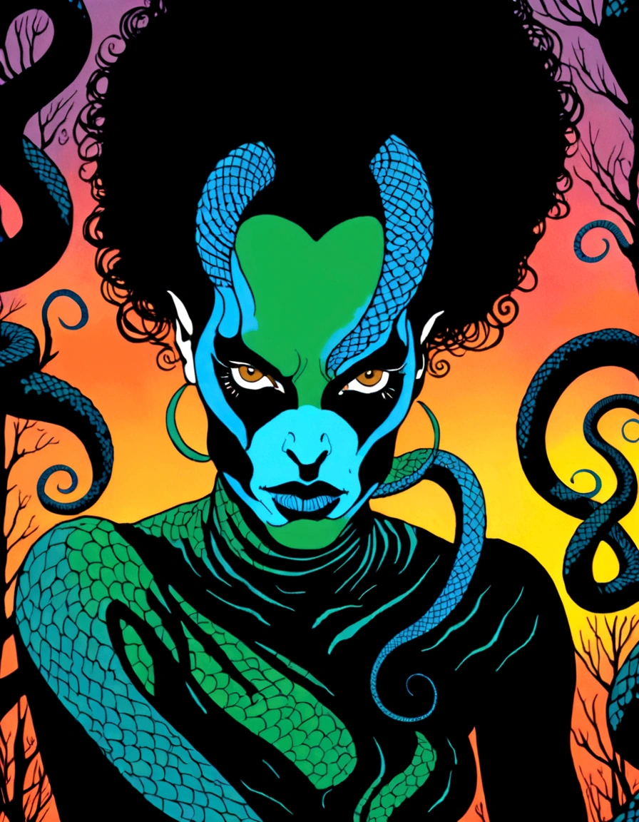 Medusa, splash page decompressed comic cover art, ink style figure,((expressive Joelle Jones and "Sean Gordon Murphy" comic drawing)), wordless, cinematic poster, double exposure, optical illusion, image within image, abyss void black no visibility darkness, full length portrait, (background, pine barrens, entropy, rewilding, magic hour sunset, galaxy stars, cosmos), (horror, abstract, surreal, body, cosmic), candid, snake skin dress, morphology anatomy drawn Frederic Delavier musculature anatomical illustration, (face, ornate black metal corpse paint, resembles Grace Jones), (body, Naga, snakefolk, lower body snake tail, snake woman hybrid, bald, hairless, skeleton, snake skin tattoos, piercing eyes, snake pupils, over the shoulder), (colors, bleak muted deep fiery radiant glowing ROYGBIV, forest green, earth brown), craftsmanship nuance, (Gerardo Zaffino charcoal), subliminal orchids, nyctophobia, silhouette