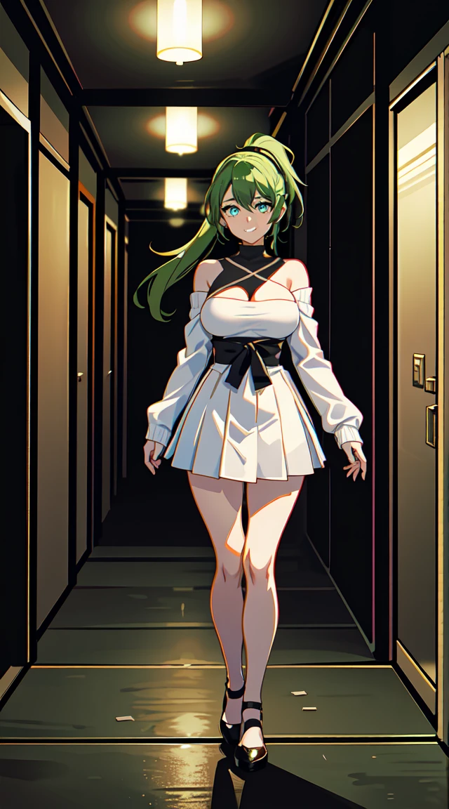 ((hair in a ponytail)), city background, japan, pagoda, lights, ((white skirt)) ((tears)), ((night time)), ((dark room)), ((smug grin)), mouth closed, , 1girl, forest green hair, smug smile, white skin, medium breasts, black teardrops, ((wearing a black sweater)), ((flats)), standing, masterpiece, best quality, anime, demon, looking at the viewer, standing in a dark hallway, stone walls, dim lighting, short hair, worried eyebrows, wearing a skirt, breasts covered, wearing a sweater, smiling, smug, crying black tears, glitches, grown woman, strong legs,, masculine pose, full legs, bigger thighs, gradient shirt, bare legs, tall, knees bent outward, no socks, hands on hips, wide hips, thick thighs, long legs, teardrop, evil, teardrop tattoos on face, smug, holding a knife, ((strapless pumps)), squinted eyes, beautiful, ((green eyes, full body)), bow in hair, very short hair