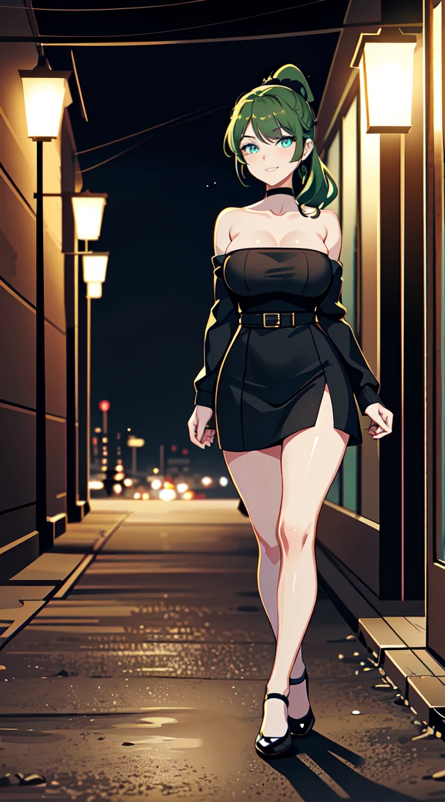 ((hair in a ponytail)), city background, japan, pagoda, lights, ((white skirt)) ((tears)), ((night time)), ((dark room)), ((smug grin)), mouth closed, , 1girl, forest green hair, smug smile, white skin, medium breasts, black teardrops, ((wearing a black sweater)), ((flats)), standing, masterpiece, best quality, anime, demon, looking at the viewer, standing in a dark hallway, stone walls, dim lighting, short hair, worried eyebrows, wearing a skirt, breasts covered, wearing a sweater, smiling, smug, crying black tears, glitches, grown woman, strong legs,, masculine pose, full legs, bigger thighs, gradient shirt, bare legs, tall, knees bent outward, no socks, hands on hips, wide hips, thick thighs, long legs, teardrop, evil, teardrop tattoos on face, smug, holding a knife, ((strapless pumps)), squinted eyes, beautiful, ((green eyes, full body)), bow in hair, very short hair